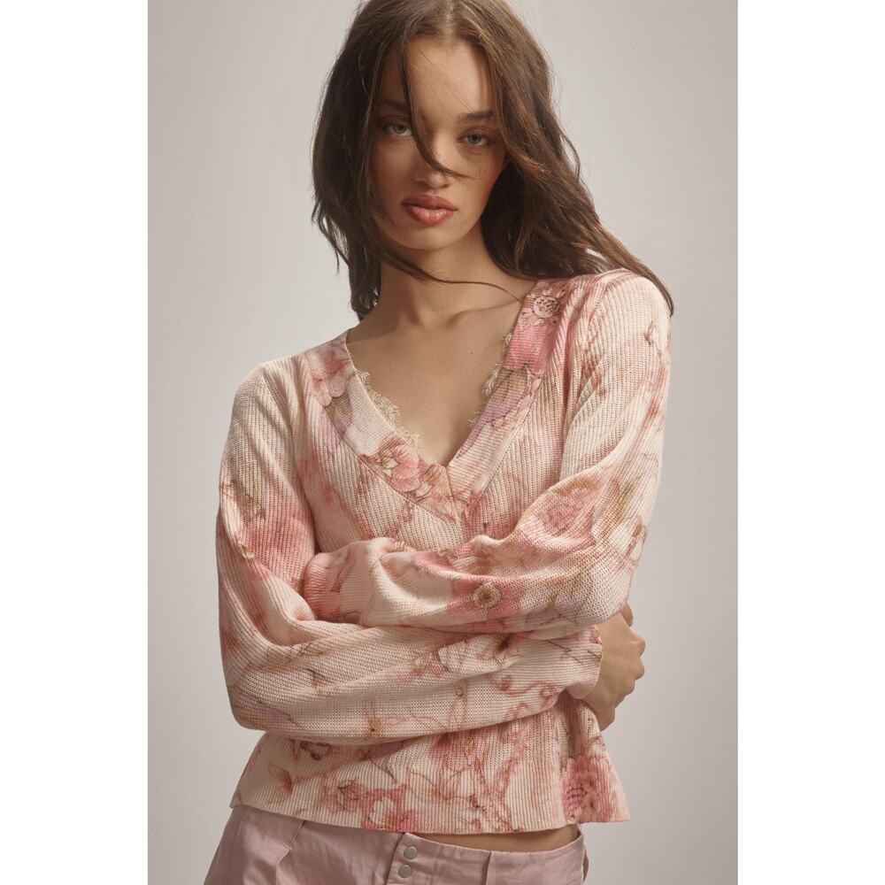 Anthropologie The Dreamer Printed V-Neck Sweater-New XS